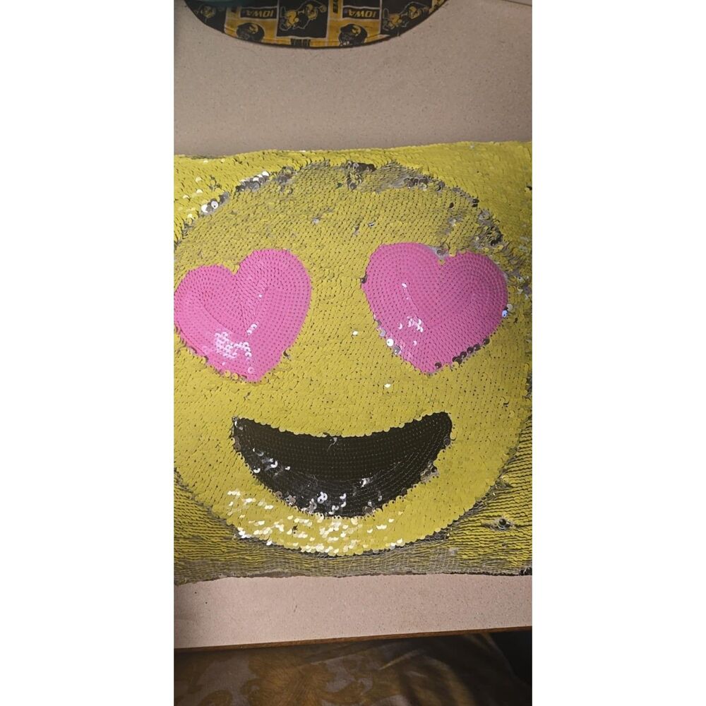 Justice Sequin Flip Pillow Smile Face Emoji Silver and Yellow